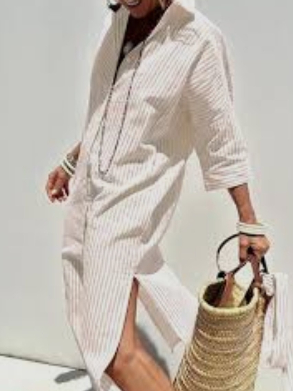 Women's Cream Striped Shirt Dress - Casual Button-Down